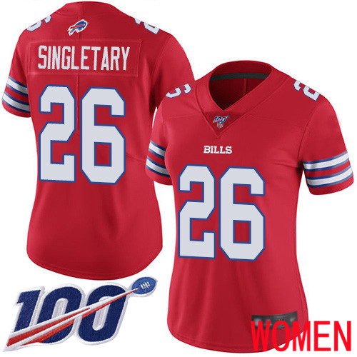 Women Buffalo Bills #26 Devin Singletary Limited Red Rush Vapor Untouchable 100th Season NFL Jersey->women nfl jersey->Women Jersey